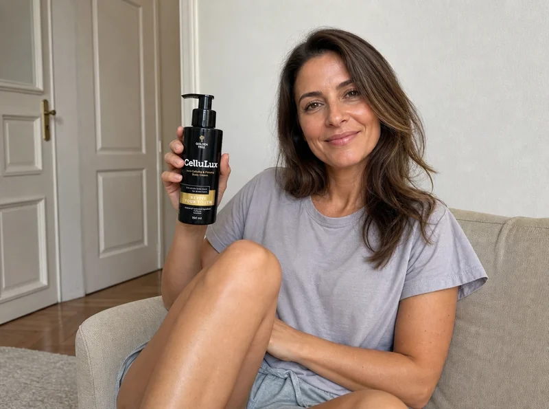 Woman on couch holding CelluLux product