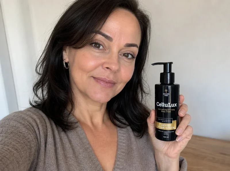 Woman selfie holding anti-cellulite cream