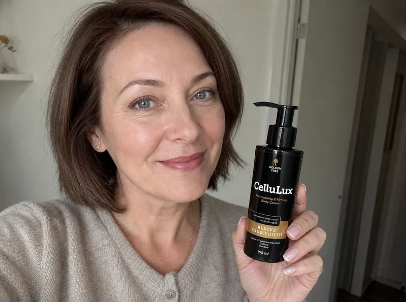 Woman selfie holding CelluLux cream bottle