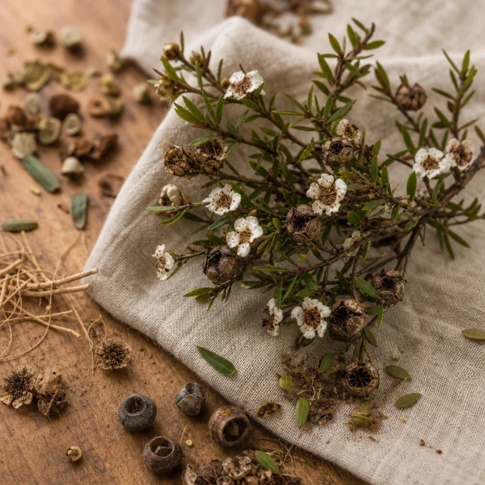 Manuka branch with seed pods on linen