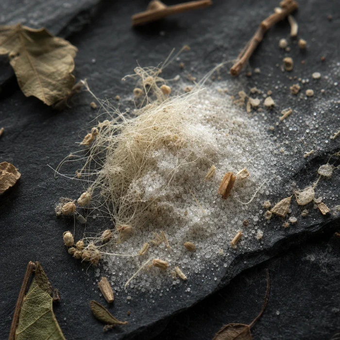 Crystalline peptide powder on dark slate stone