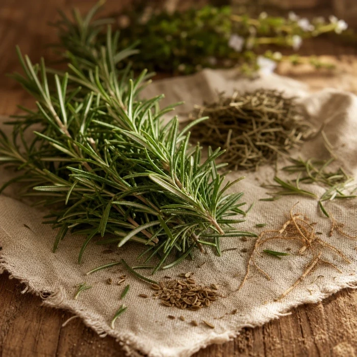 Fresh rosemary sprigs on warm linen wood