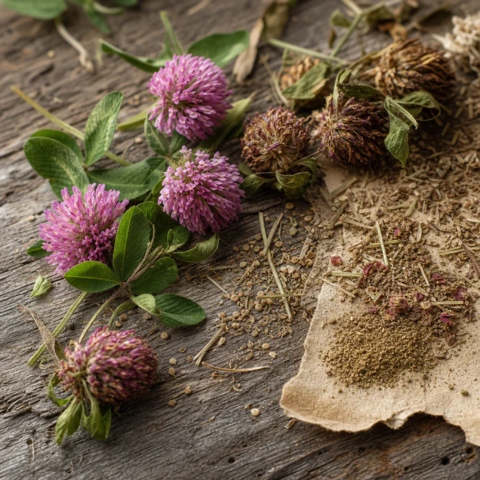 Dried red clover blooms on weathered wood