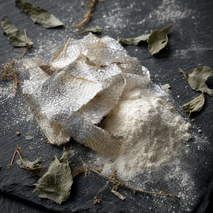 Fish collagen scales and powder on dark