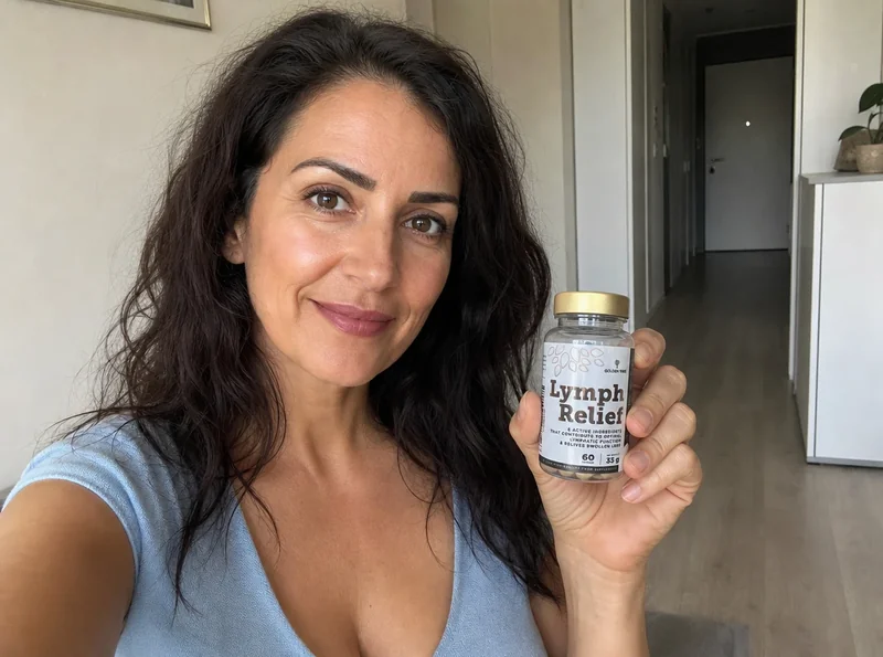 Woman age 41 holding Lymph Relief product