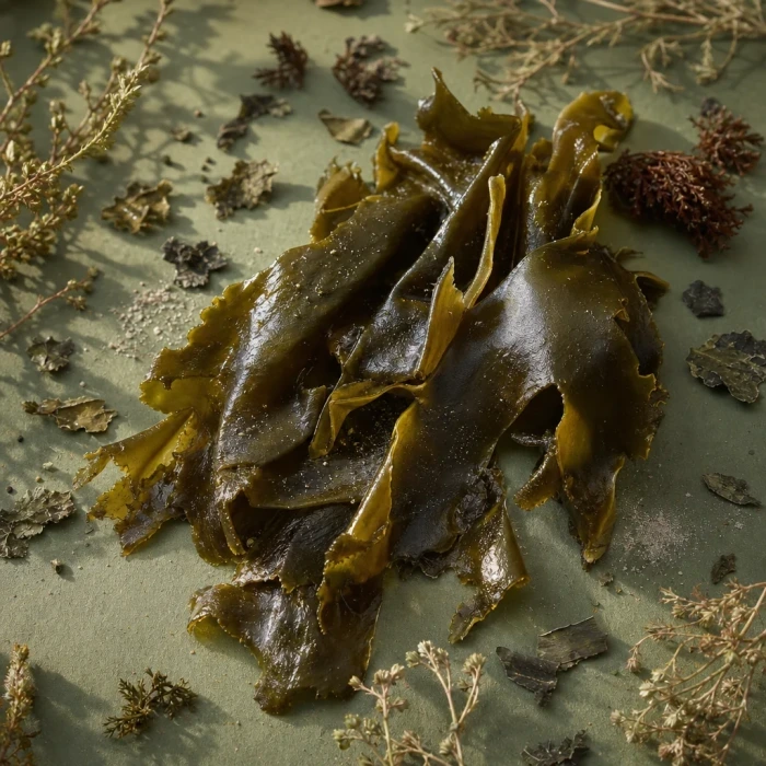 Kelp seaweed fronds on olive green board