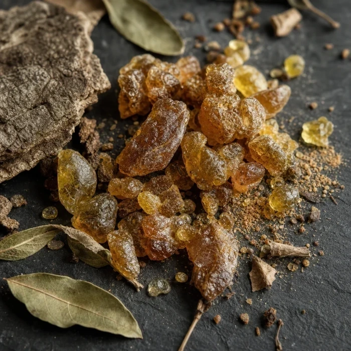 Boswellia resin tears dark slate macro