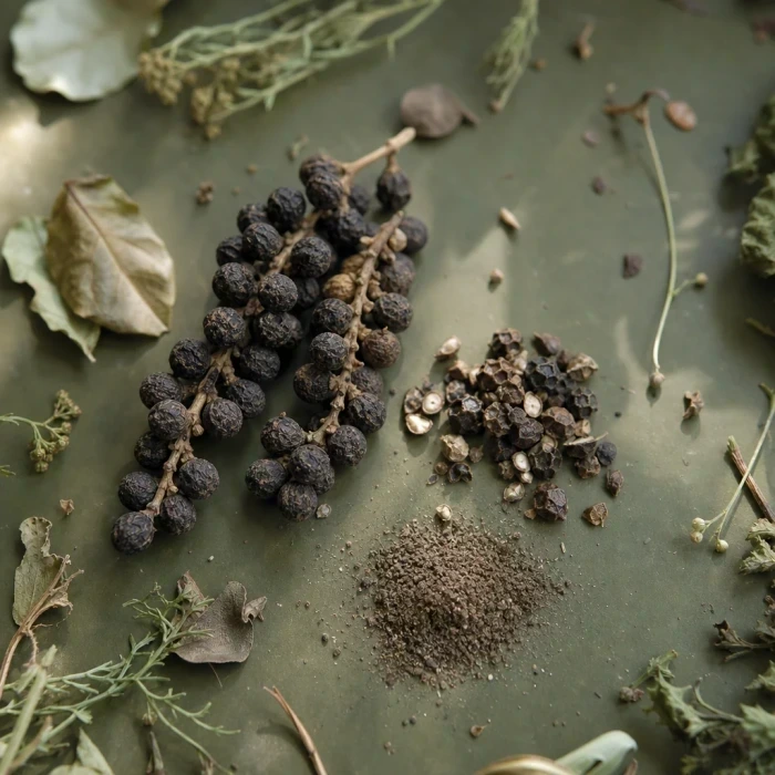 Black pepper peppercorns vine olive board