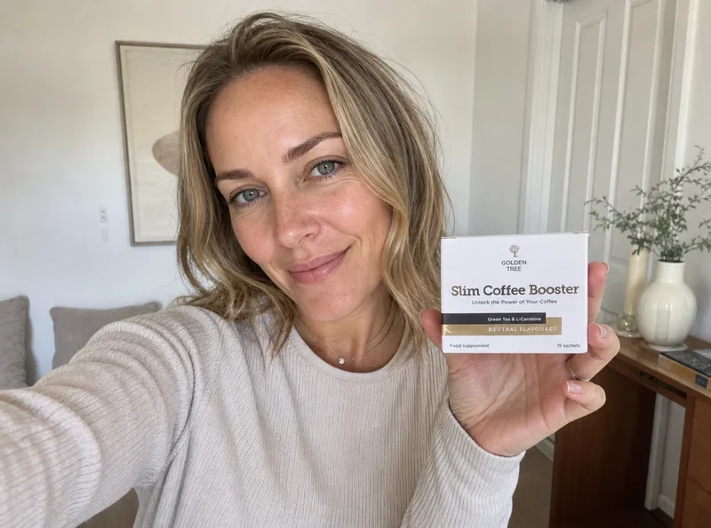 Woman holding Slim Coffee Booster sachet