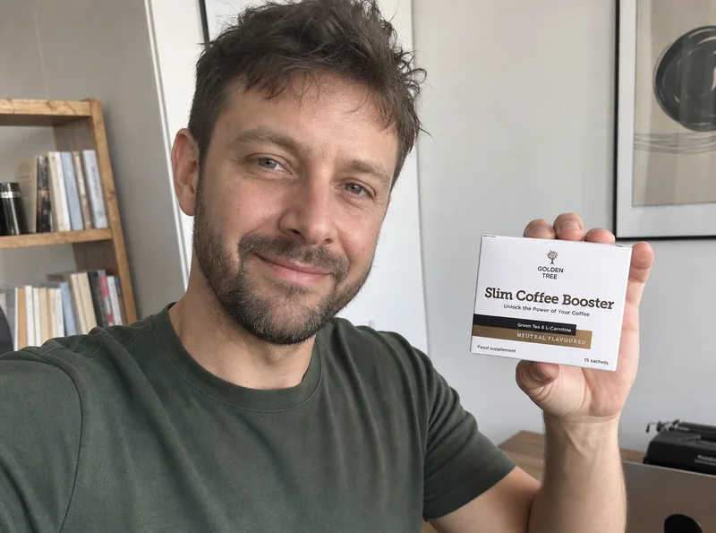 Man holding Slim Coffee Booster sachet