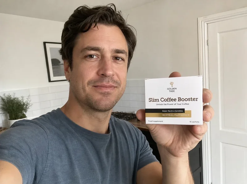 Man holding Slim Coffee Booster sachet indoors