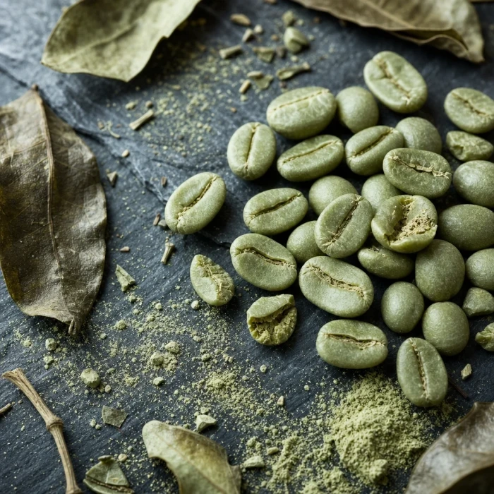 Green coffee beans on dark slate stone