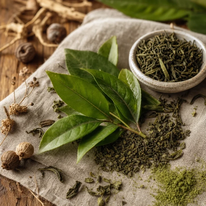Dried green tea leaves on linen wood