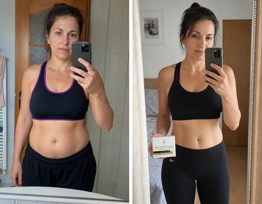 Woman before and after coffee routine change