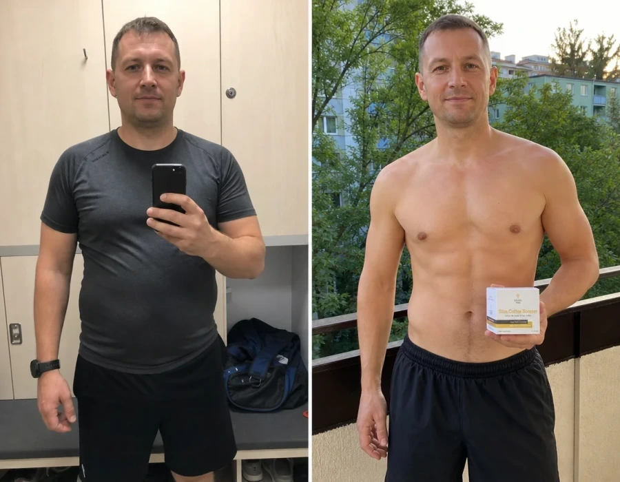 Man before and after morning coffee routine