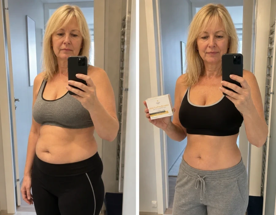 Woman before and after waistline improvement outdoors