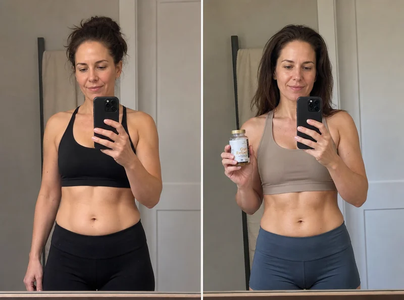 Before-and-after panels of woman in her thirties