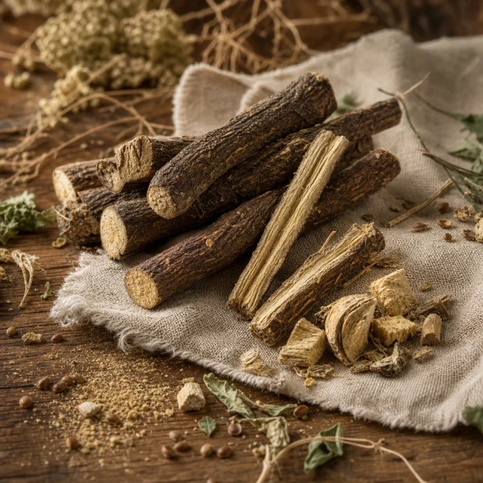 Licorice root pieces on linen wood