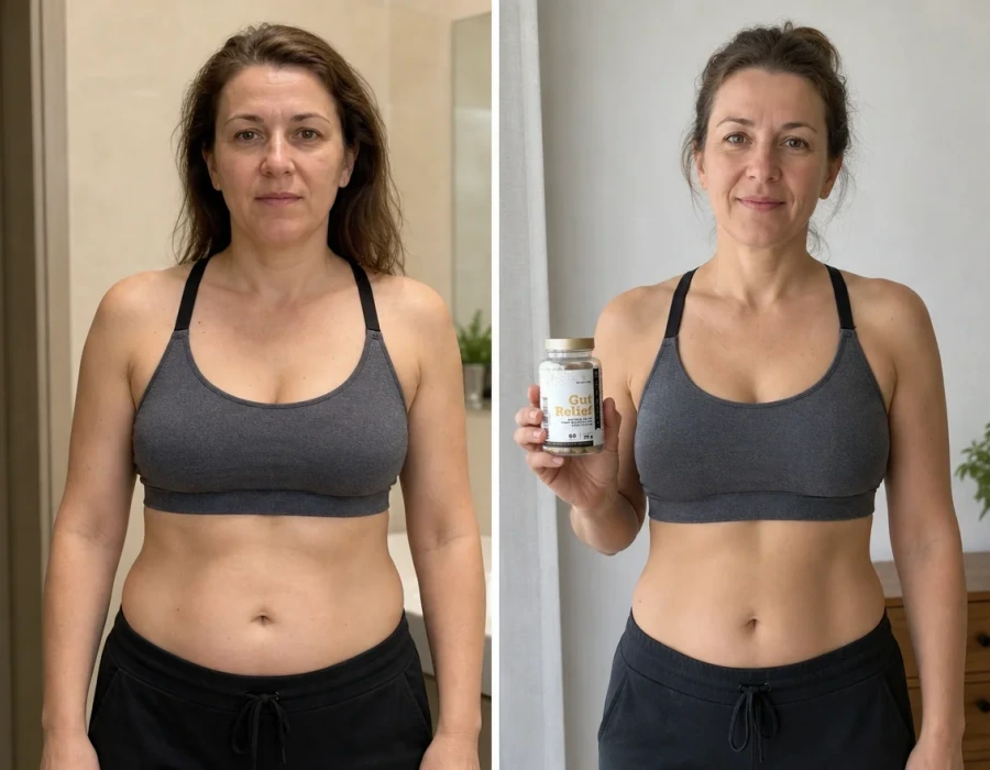 Anna before and after Gut Relief indoors
