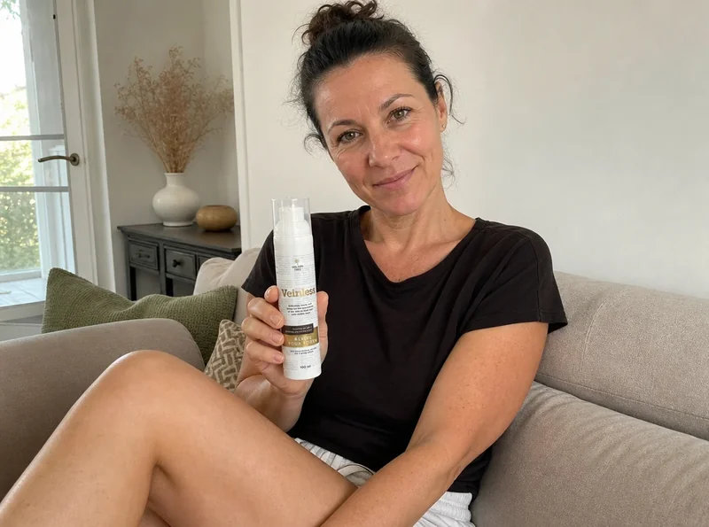 Woman on couch holding Veinless Gel