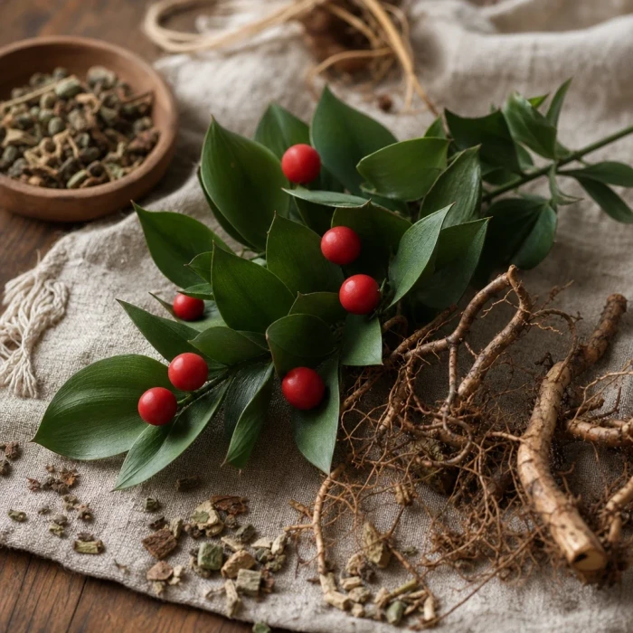 Butcher s broom branches on warm linen