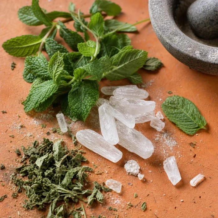 Peppermint and menthol crystals on terracotta