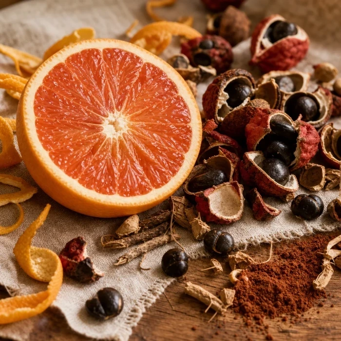 Citrus slice and guarana seeds on linen