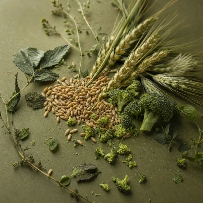 Grain seeds and botanicals on olive board