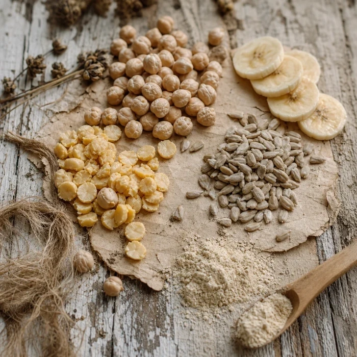 Chickpeas and seeds on weathered wood