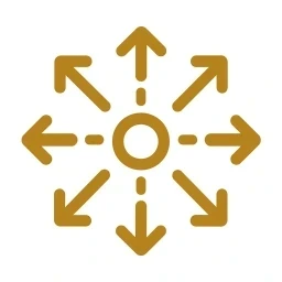 Gold mobilise outward arrows icon on white