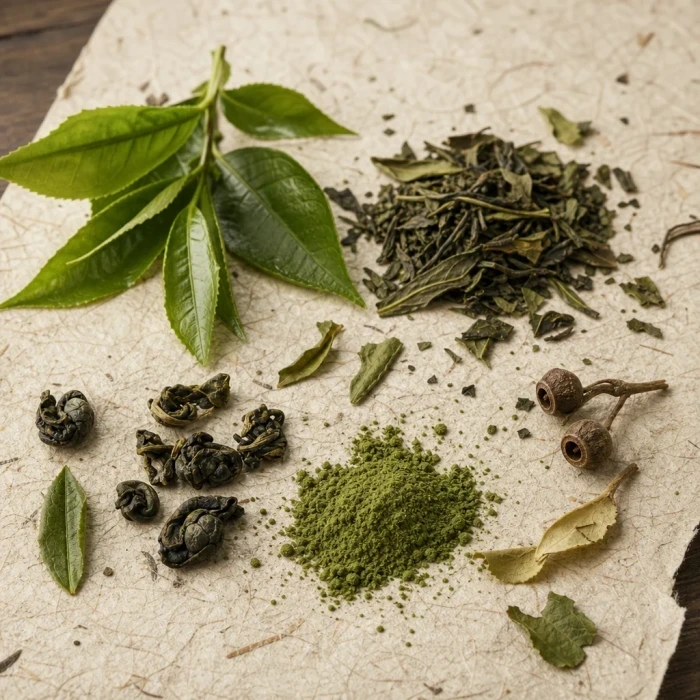 Green tea leaves on handmade fibrous paper