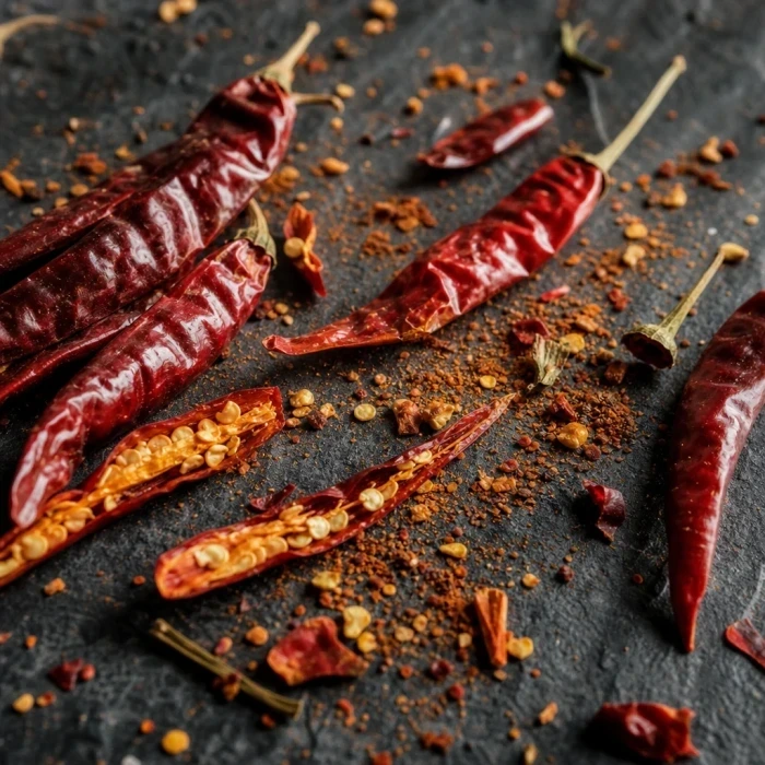 Dried red chillies on dark slate stone