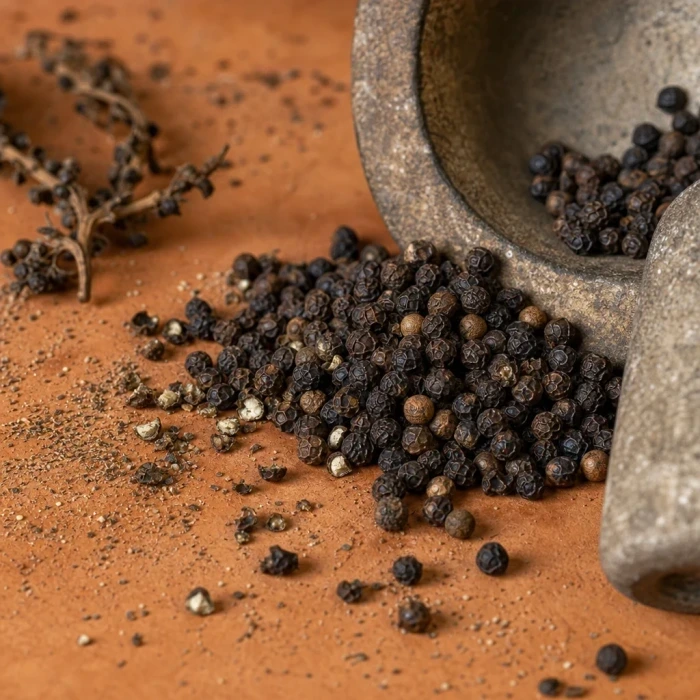Black peppercorns spilling on terracotta surface