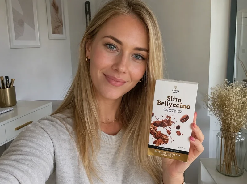 Young woman with SlimBellyccino at home