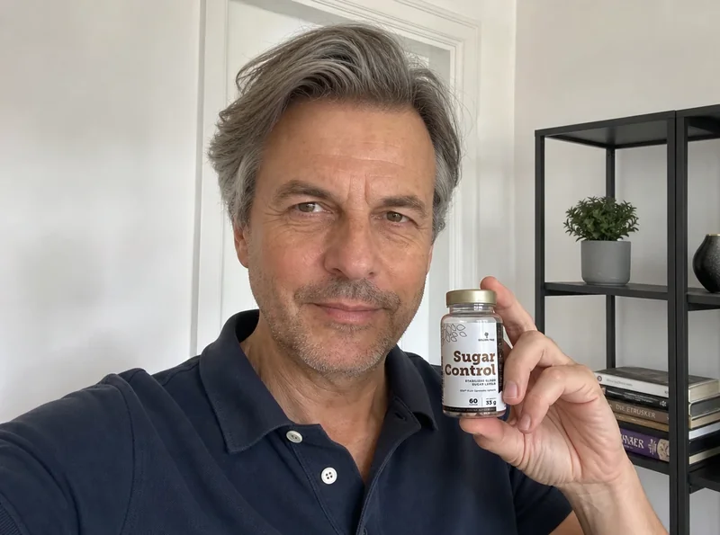 Man age 54 holding Sugar Control product
