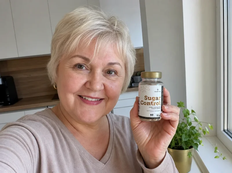 Woman age 62 holding Sugar Control product