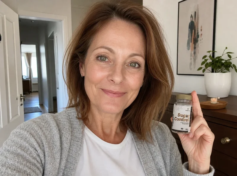 Woman age 57 holding Sugar Control product