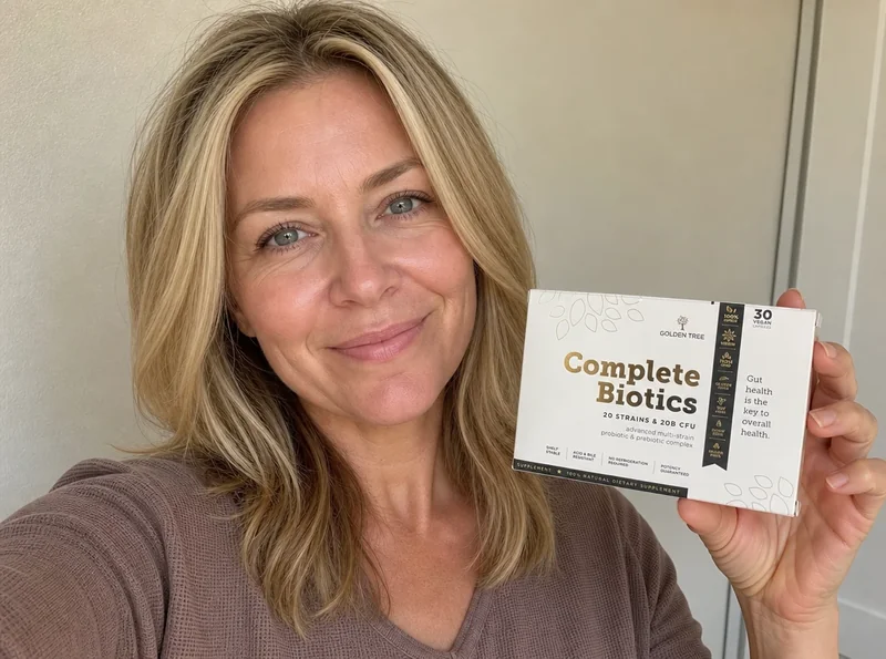 Selfie einer blonden Frau, die eine Flasche „Complete Biotics“ in der Hand hält