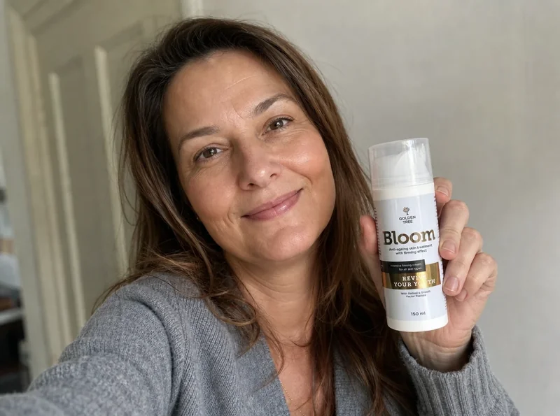 Woman aged 48 selfie holding product