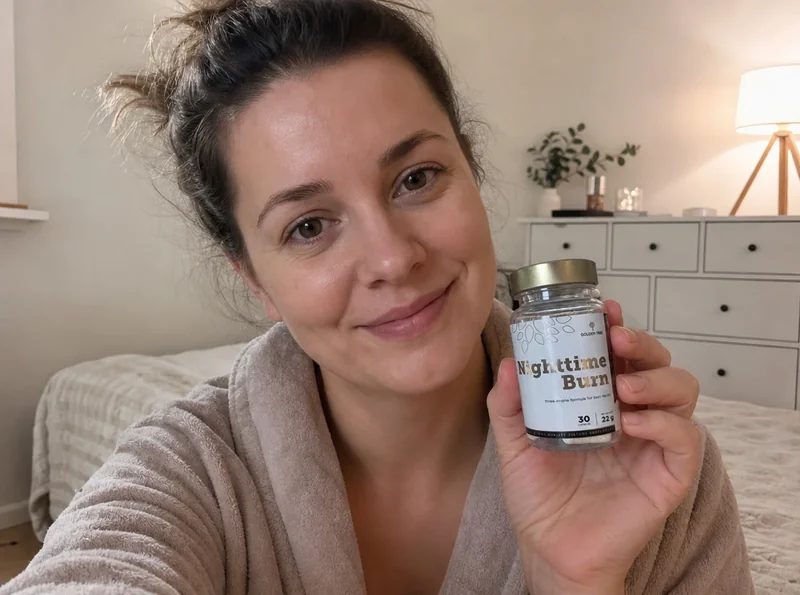 Woman at home holding Nighttime Burn product
