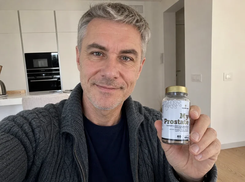 Man aged 58 holding prostate supplement