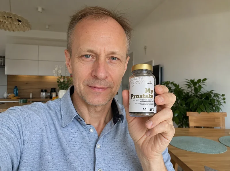 Man aged 55 holding prostate supplement indoors