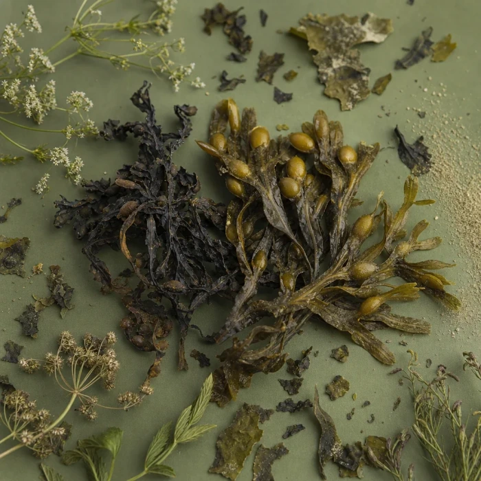 Bladderwrack seaweed fronds on olive board