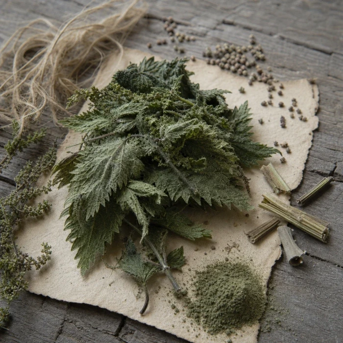 Dried nettle leaves on weathered wood parchment