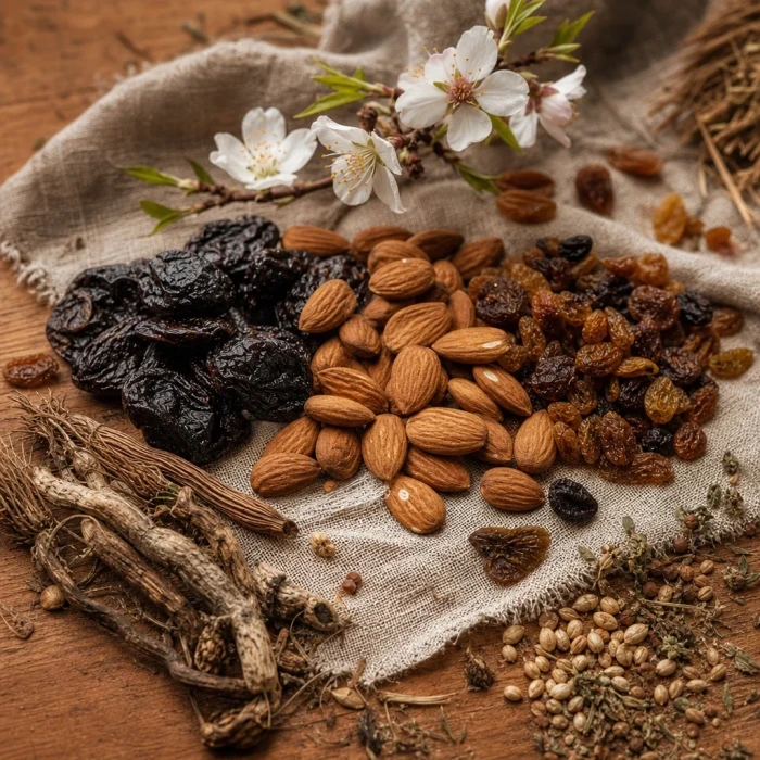 Boron-rich dried fruits on linen apothecary table