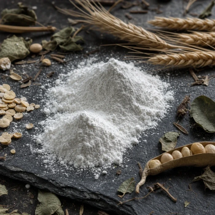 L-Glutamin-Pulver auf dunklem Schieferstein