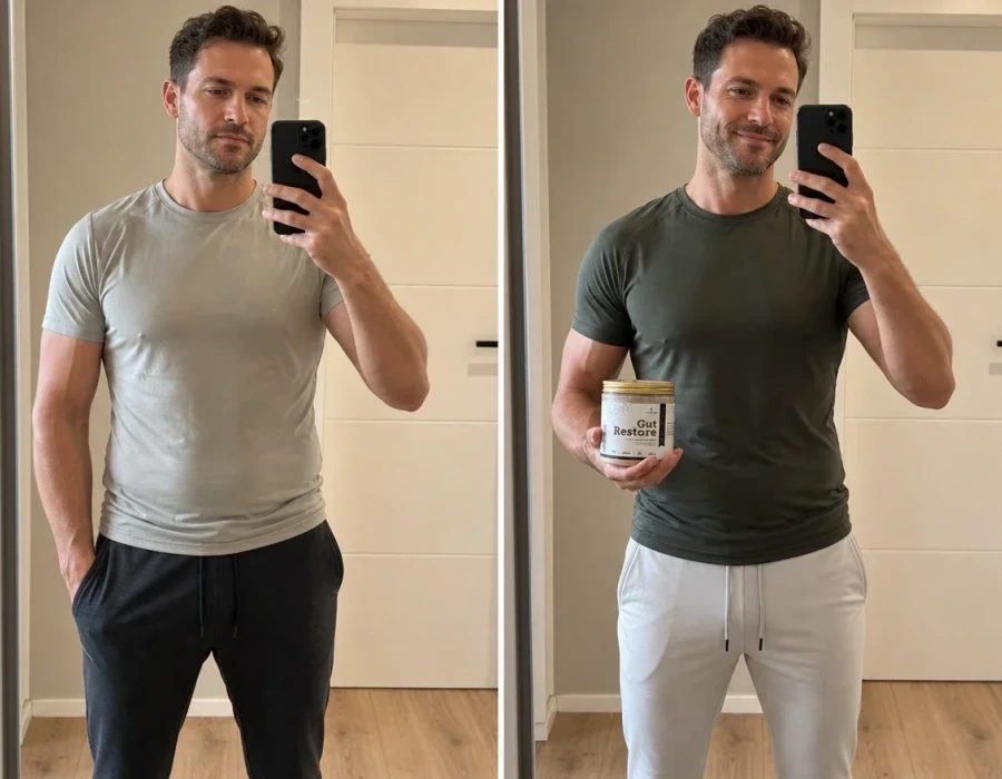 Mann vor und nach Spiegel-Selfie