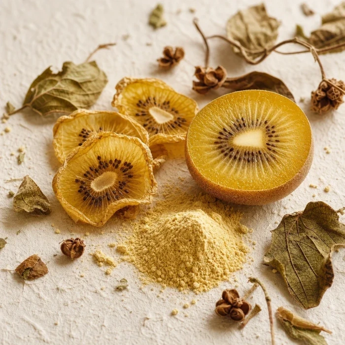Goldene Kiwi-Scheiben auf handgeschöpftem Papier