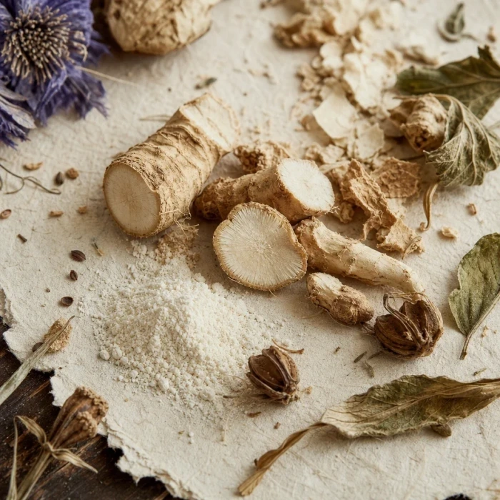 Radice di cicoria e inulina in polvere su sfondo artigianale