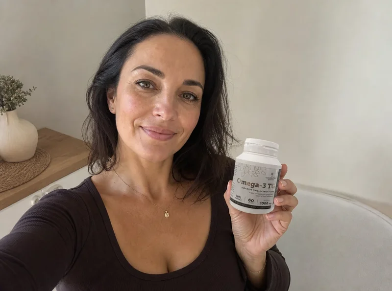 Woman holding Golden Tree Omega 3 bottle